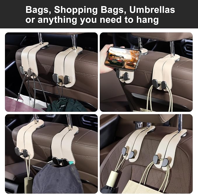 CoBak Purse Hook for Car - Universal Premium Stitched Leather and Aluminum-Magnesium Alloy Double Car Seat Back Storage Hook for Purses, Handbags, Bags (2 Pack),Beige - Image 7