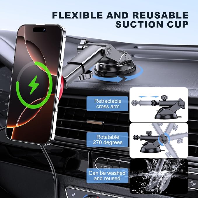 for Mag-Safe Car Mount Charger Dash Windshield Vent Magnetic Phone Holder | Wireless Car Charger with LED Light Car Phone Holder for iPhone 17 16 15 14 13 12 Series for MagSafe Red - Image 5