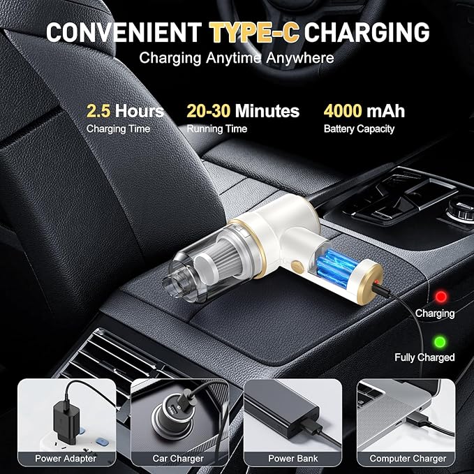 KMM Handheld Car Vacuum Cleaner, 9000PA Hand Held Vacuum & Air Duster | Strong Suction, 120W High Power, Portable, Cordless, Multi-Nozzles & LED Light, for Home, Car, Office - Image 4