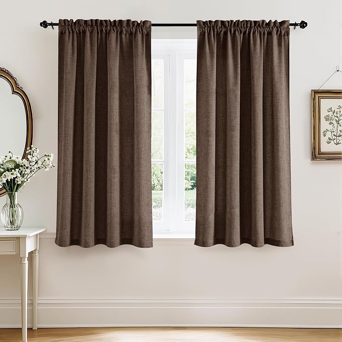 RYB HOME Natural Linen Sheer Curtains 72 inches Long for Kitchen/Bedroom | Weave Textured, Rod Pocket, Light Filtering, Brown, W52 x L72, 2 Panels Set by RYBHOME