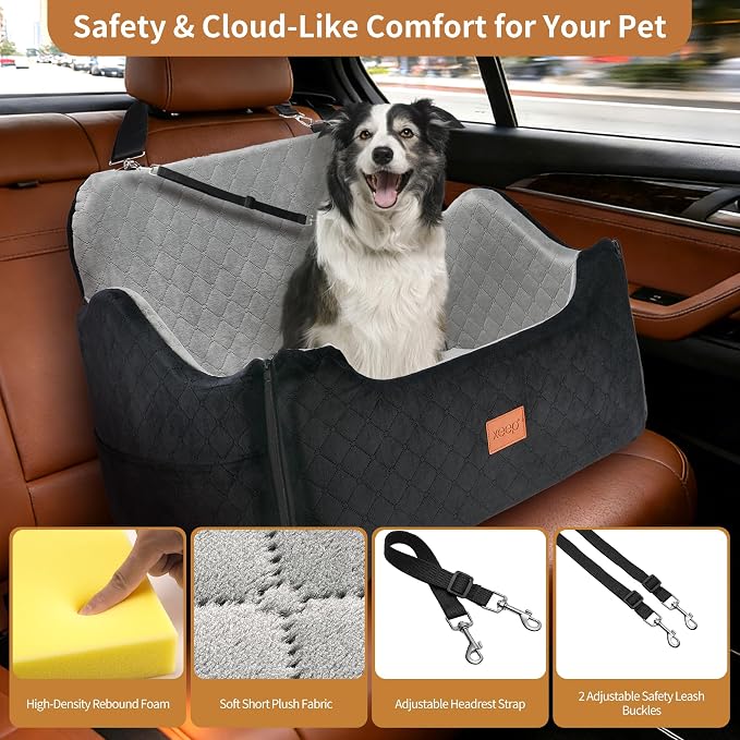 XEEP Dog Car Seat for Medium & Large Dogs Up to 55 lbs, Memory Foam | 2-in-1 Design, Includes Blanket & Urine Pad, 2 Height-Adjust Cushions, Two Safety Tethers, Machine Washable Cover(Black/Grey) - Image 3