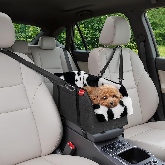 BurgeonNest Center Console Dog Car Seat for Small Pets to 11lbs, Milk Cow | Anti-collapse armrest Console seat with washable fluffy cushion, pillow & tether for stable, cozy pet travel trips. by Lifelongfriendsbelovedfamily