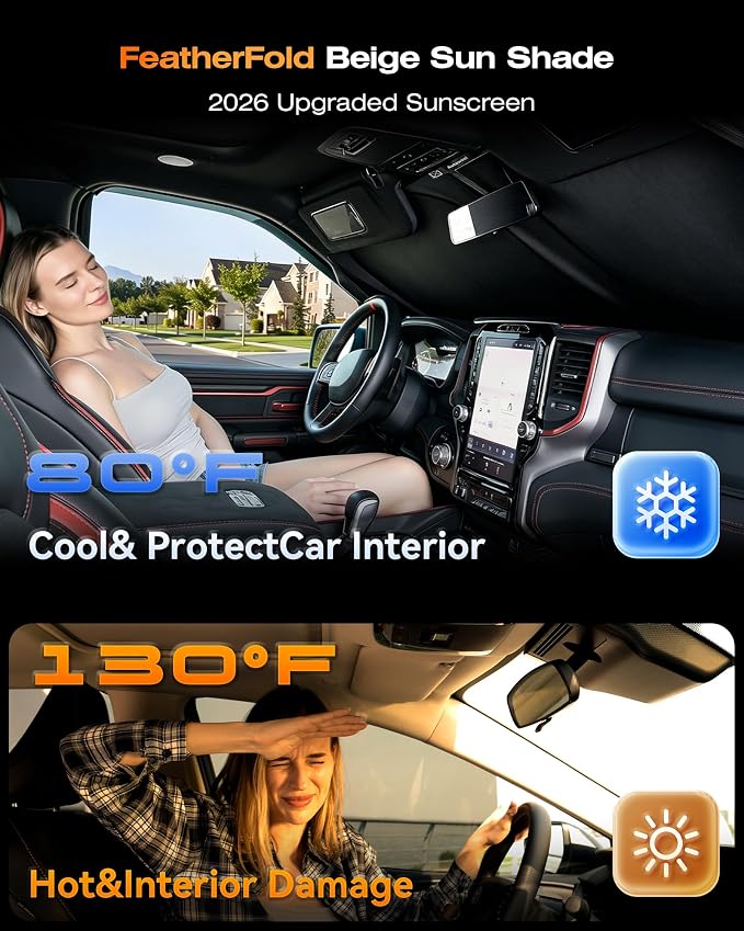 Cooling Windshield Sun Shade for Dodge RAM 1500 2011-2026, 240T Beige | Heat-Insulating Fabric, 99% UV Protection and Heat Insulation, Foldable, Storage Bag Included, for Cars SUVs and Trucks - Image 3