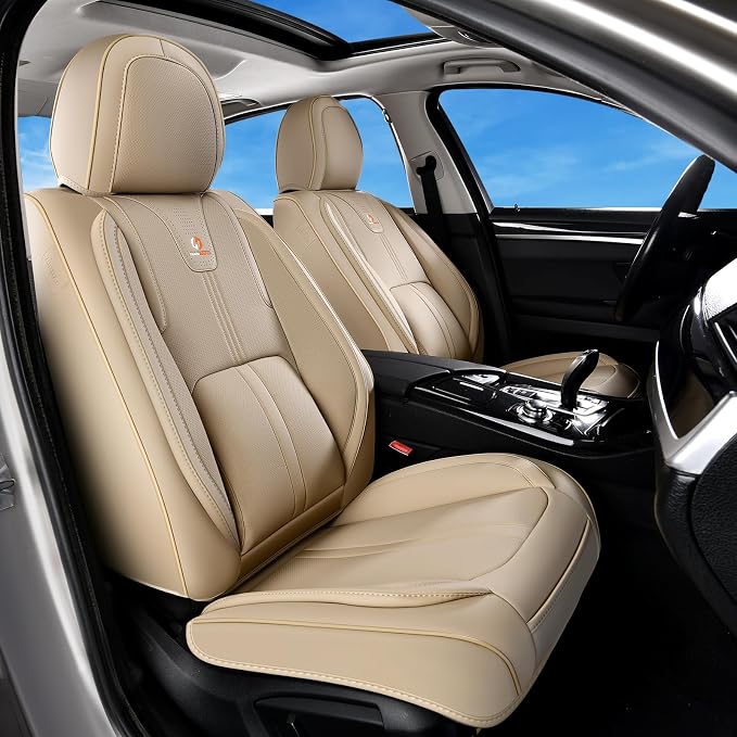 Huidasource Beige Seat Covers Luxury Nappa Leather, Car Seat Cover with Velcro Adjustable, Airbag, Lumbar Support, Cooling＆Heating, Automotive Seat Covers Universal Fit for Most Cars SUV Trucks Beige - Image 2