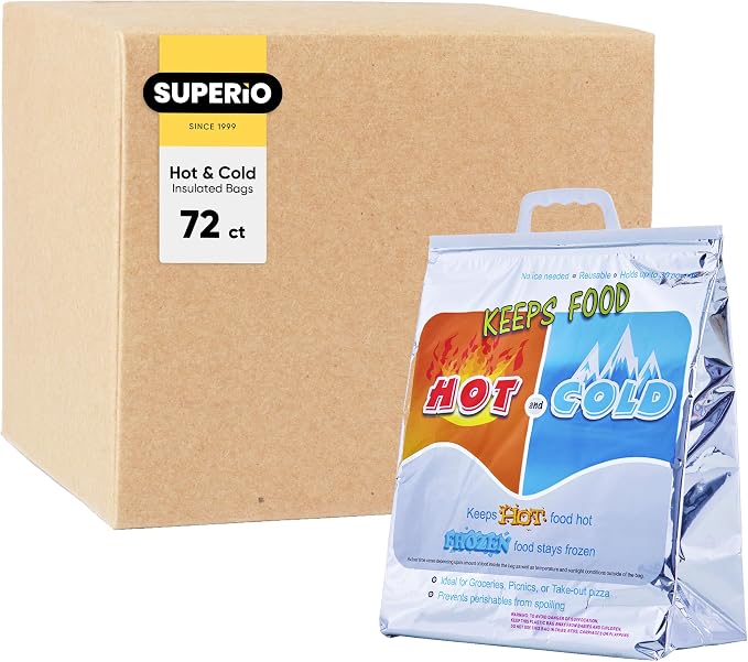 Superio Hot and Cold Insulated Bags for Food Delivery, Grocery Shopping Bags, Food Storage for Hot and Frozen Food for Travel, Disposable Cooler Bag, Reinforced Thermal Lunch Bag (72, 13"x7"x15.5") by Superio
