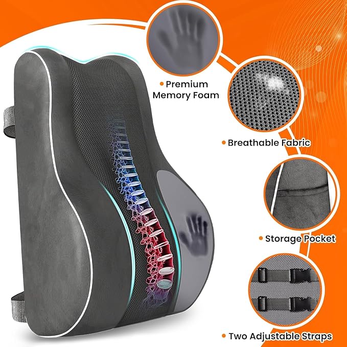 CloudBliss XL Lumbar Support Pillow, Memory Foam for Office Chair, Gray | Ergonomic High-Density Memory Foam, Adjustable Straps, Washable Mesh Cover, Lower Back Support for Office, Gaming & Car Seat - Image 4