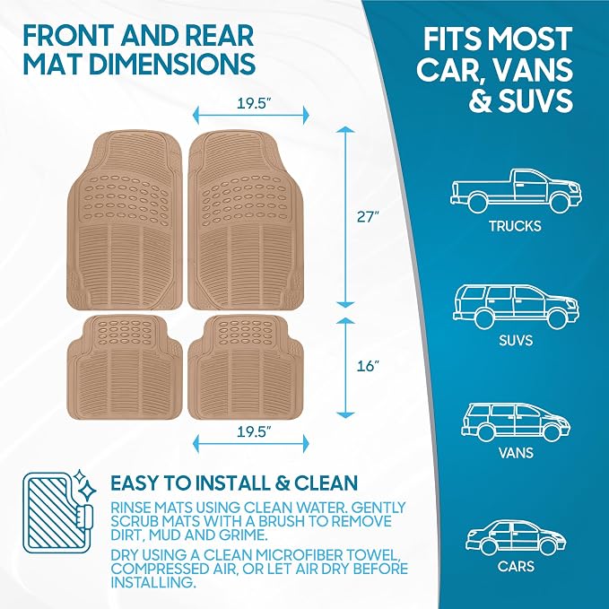 BDK ProLiner Floor Mats for Cars Trucks SUV, 4-Piece All-Weather Car Mats with Universal Fit Design, Durable Car Floor Mat with Capture Ridges, Waterproof Rubber Floor Mat for Cars (Beige) - Image 7