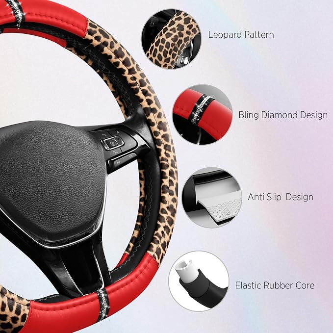 Road Comforts Leopard Steering Wheel Cover for Women, Cute Anti-Slip Microfiber Leather, Fits D Shape Flat Bottom Steering Wheel 14.5-15 Inch - Red - Image 4