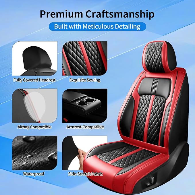 Fit CX-9 Seat Covers Custom Fit for Mazda CX-9 2007-2024, Front Pair | Premium Leather Full Coverage Protectors, Waterproof, Breathable, Scratch Resistant, Easy Wipe, Airbag Compatible, Black+Red - Image 7