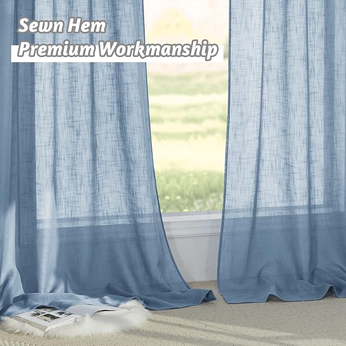 RYB HOME Semi Sheer Curtains 95 inches Long for Living Room Windows | Sunlight Filtering, Privacy Protect, Soft & Vertical, Rod Pocket Drapes, for Bedroom Dining, Blue Haze, W52 x L95, 2 Panels - Image 6
