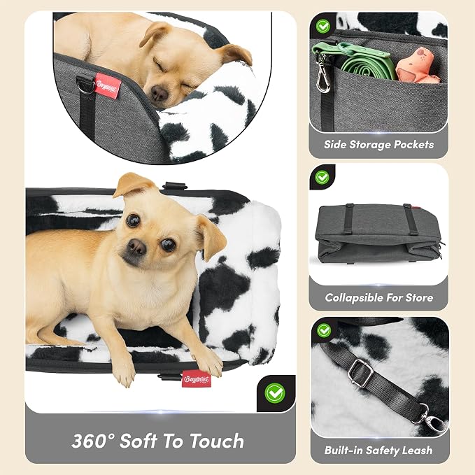 BurgeonNest Center Console Dog Car Seat for Small Pets to 11lbs, Milk Cow | Anti-collapse armrest Console seat with washable fluffy cushion, pillow & tether for stable, cozy pet travel trips. - Image 4
