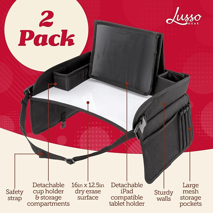 Lusso Gear Kids Lap Desk Tray (Value 2 Pack) - Mesh Pockets & Cup Holder for Car Travel Essentials - Car Seat Tray for Kids Travel & Tablet Holder - Dry-Erase Surface for Road Trip Activities - Black - Image 2
