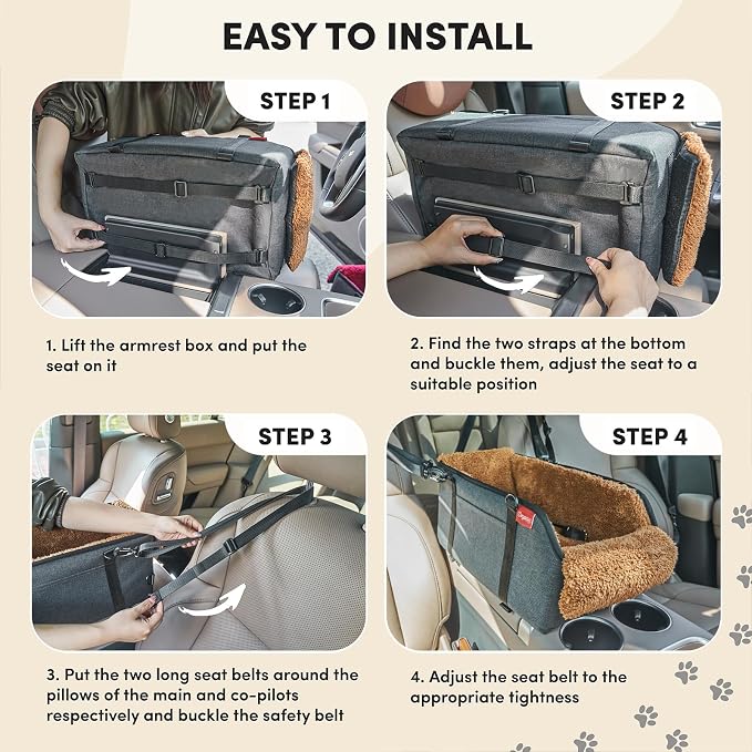 BurgeonNest Center Console Dog Car Seat for Small Pets to 11lbs, Brown | Anti-collapse armrest Console seat with washable fluffy cushion, pillow & tether for stable, cozy pet travel trips. - Image 7