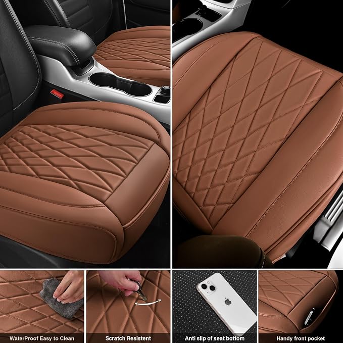 CAR PASS 2 Pack Leather Front Car Seat Covers, Bottom Seat Covers Full Wrapped with Storage Pocket, Anti-Slip Leather Seat Protectors,Waterproof Seat Cushion Pad Universal Fit Sedan SUV Truck, Brown - Image 4