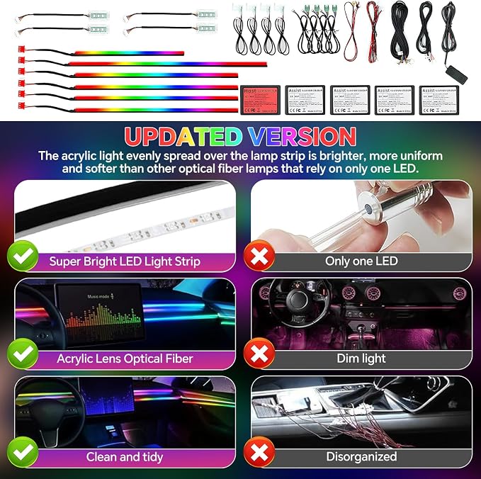 Dream Color Acrylic Interior Car Ambient Light Kit, Bphuny 22 in 1 593 LEDs Fiber Optic Multiple Modes Decoration Atmosphere Lights with Music Dynamic Rainbow Rhythm, RGB Neon Lights for All Cars - Image 4