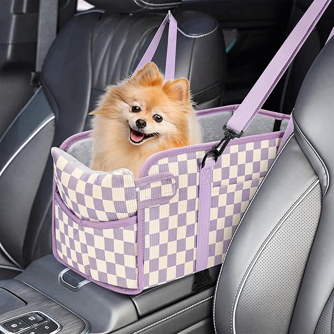 Console Dog Car Seat for Small Dogs, Foldable Booster Seat,Purple Checkered | Portable Booster Seat Sits On Car Console/ Armrest. Foldable for Easy Storage. for Center Console, Easy To Clean. by NECKORY