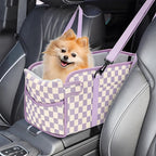 Console Dog Car Seat for Small Dogs, Foldable Booster Seat,Purple Checkered | Portable Booster Seat Sits On Car Console/ Armrest. Foldable for Easy Storage. for Center Console, Easy To Clean. by NECKORY