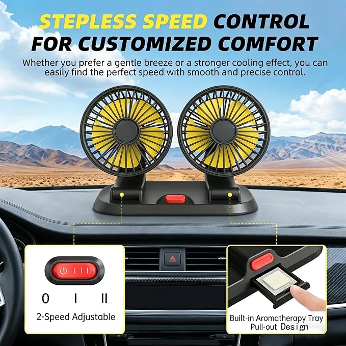 Dual Head 12V Car Fan for SUV Truck RV with No AC,Adjustable Car Cool Fan, Dual Head Design, 2-speed Adjustable, 360° Rotating Portable Car Fan,Powered by Cigarette Lighter - Image 7