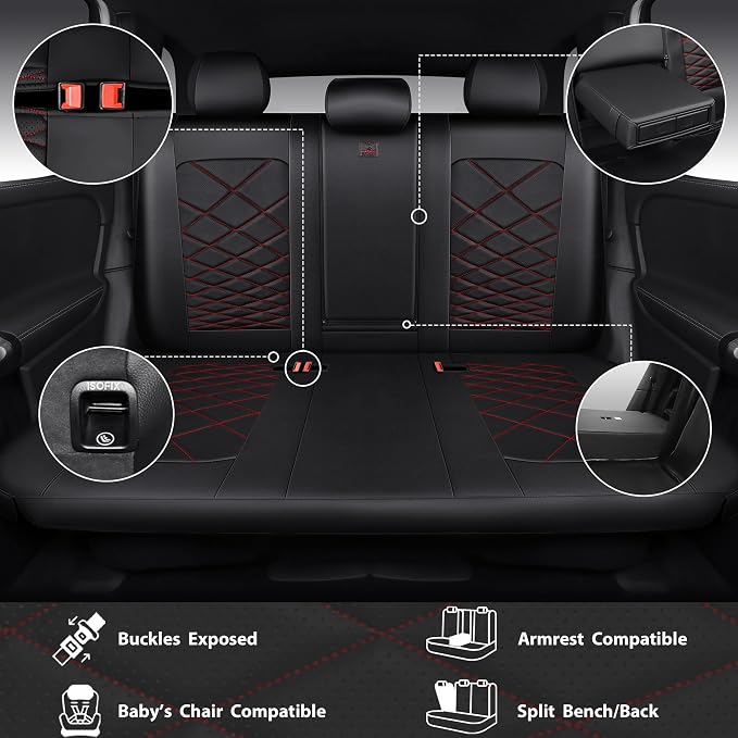 CAR PASS Luxury Nappa Leather Seat Covers Full Set, Water Resistant Faux Leather Seat Cover with Lumbar Support, Breathable Automotive Seat Covers Universal Fit for Sedan SUV Van Truck, Black Red - Image 4