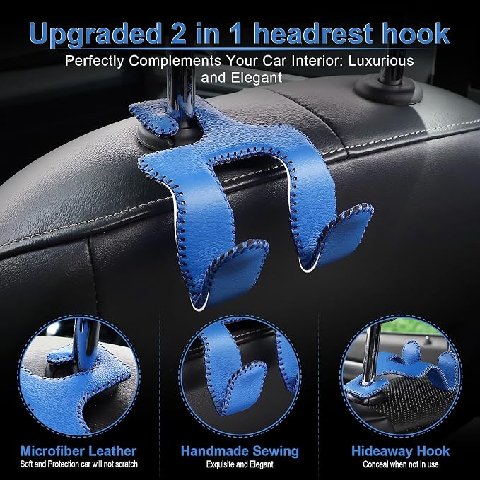 LivTee Upgraded Superior Leather Car Seat Back Headrest Hook, 2 in 1 Auto Seat Hook Hangers Holder Organization Interior Accessories for Purses Coats Umbrellas Grocery Bags Handbag (Blue) - Image 2