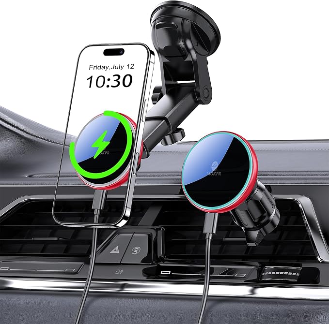 for Mag-Safe Car Mount Charger Dash Windshield Vent Magnetic Phone Holder | Wireless Car Charger with LED Light Car Phone Holder for iPhone 17 16 15 14 13 12 Series for MagSafe Red by MOKPR