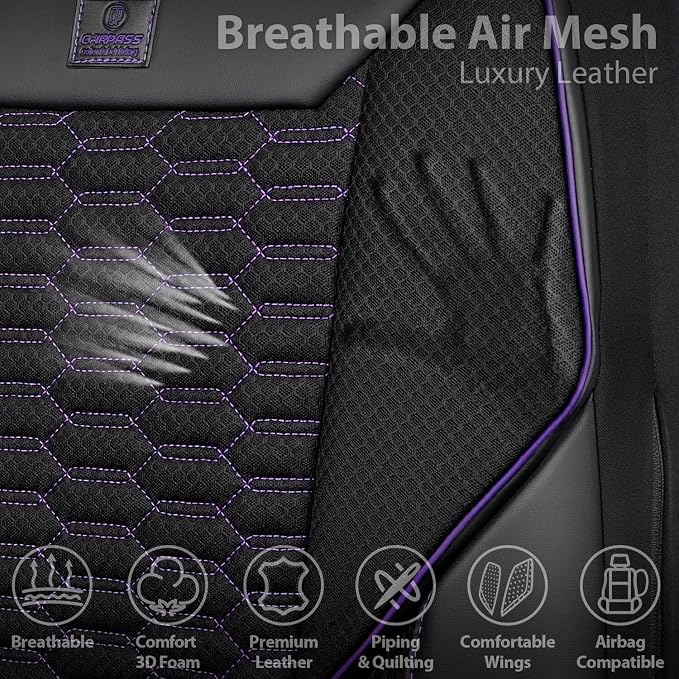 CAR PASS 3D Foam Mesh Leather Car Seat Covers Front Seats,Breathable Mesh Front Seat Covers for Women,Universal Fit for Cars SUV Truck Sedan Van Automotive,Armrest Airbag Compatible,Black and Purple - Image 4