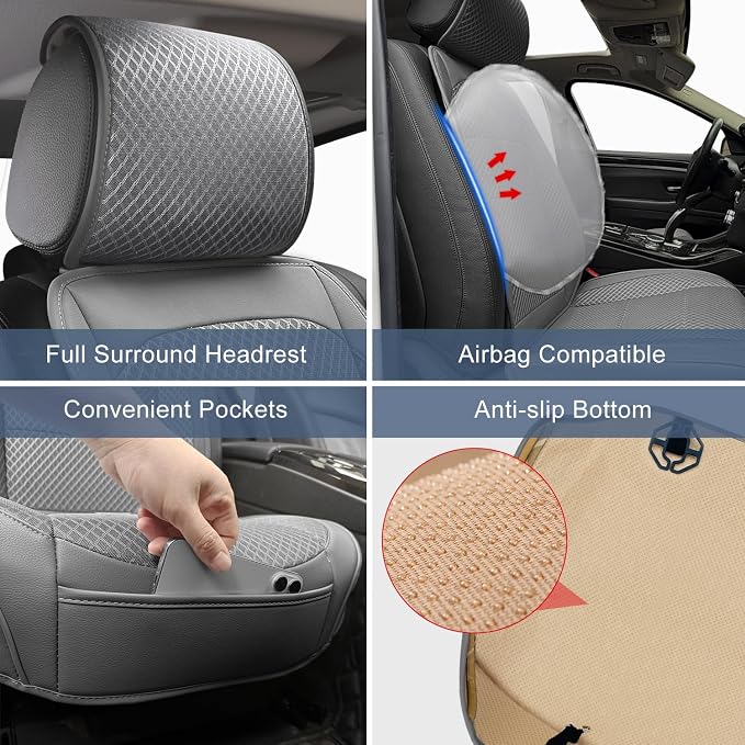 2 Pack Gray Ventilated Cooling Car Seat Covers for Summer | 3D Air Mesh, PU Leather, Breathable, with Storage pocket, Non-slip, Universal Fit for Car Truck SUV, Easy to Install - Image 6