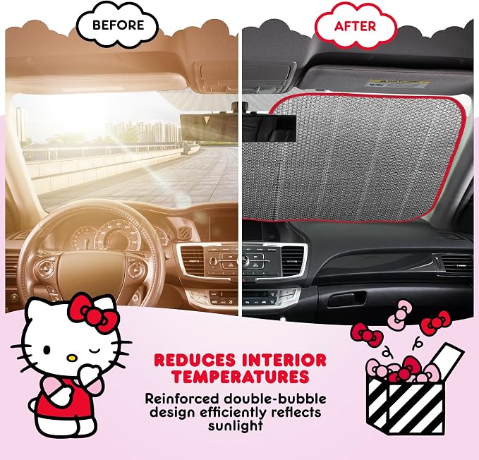 Carbella Hello Kitty Car Windshield Sun Shade, Official Sanrio Sun Shade for Car Window, Cute Sun Shade for Front Windshield, Hello Kitty Accessories for Women ﻿(Red Bow Dreams) - Image 4