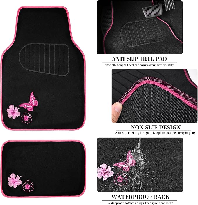 CAR PASS Embroidery Butterfly Steering Wheel Cover and Waterproof Car Floor Mats,Pink Car Mats 14.5-15inch Steering Wheel Covers Universal Fit for Cars, Suvs,Sedans,Van,for Women Girl(Black and Pink) - Image 4