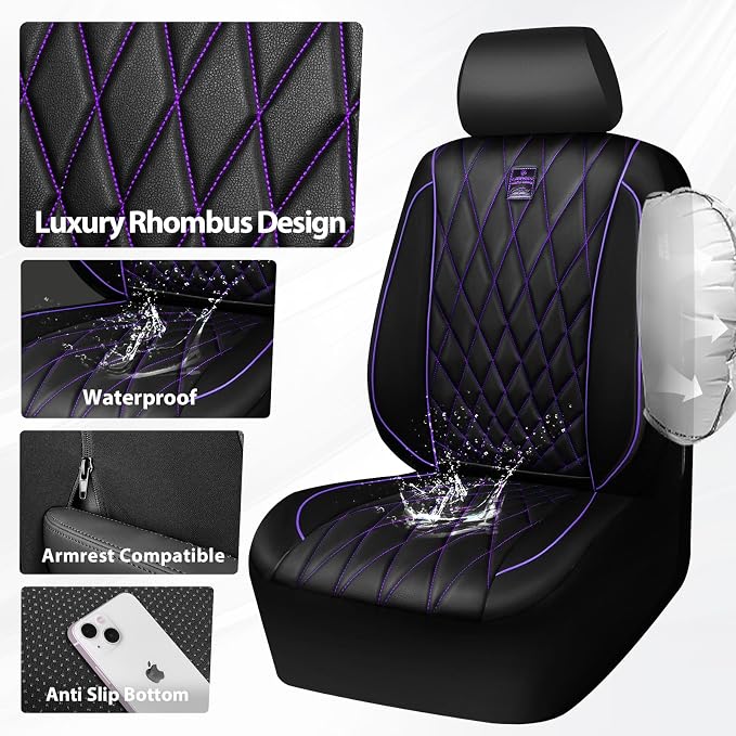 CAR PASS Piping Luxury Faux Leather Two Front Car Seat Covers, Waterproof Anti Slip Premium Automotive Seat Covers,Universal Fit for Suvs,Vans,Trucks, Armrest Airbag Compatible (Black and Purple) - Image 6