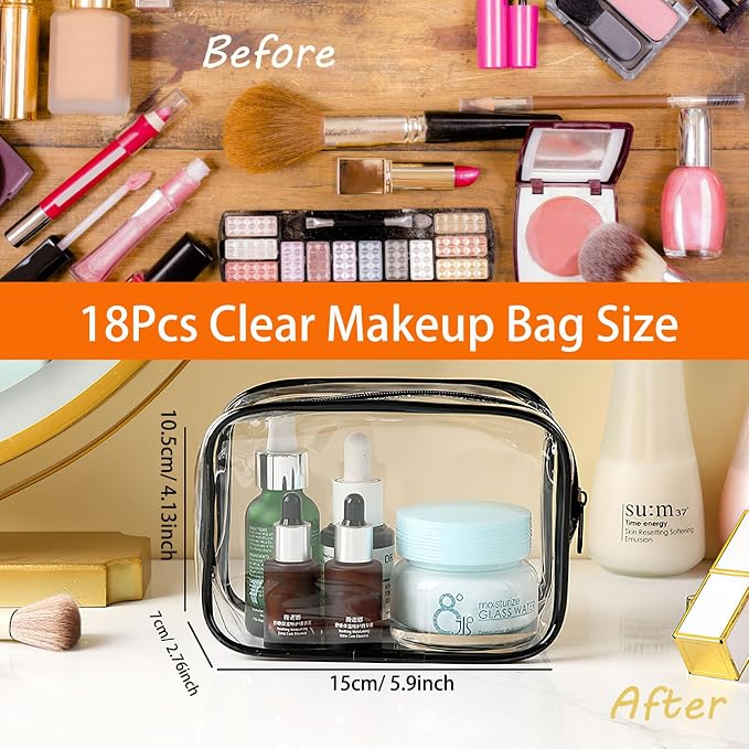 18 Pieces Clear Cosmetics Bag Bulk, TSA Approved Toiletry Bag for Travel, Clear Zippered Cosmetic Makeup Pouch, Waterproof Vinyl Plastic Organizer Case for Vacation Bathroom (Small) - Image 2