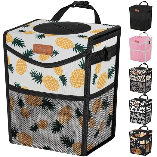 Pritent Car Trash Can with Lid Leakproof Car Garbage Bag Vehicle Trash Bin | Hanging Automotive Garbage Can,Multipurpose Car Accessories for Women Men Interior Car Storage Organizer(2.8 Gal,Pineapple) by Pritent