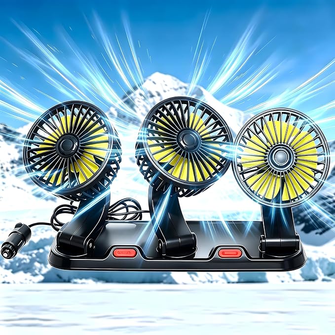 12V Car Cooling Three-Head Fan, 360° Rotation, 2-Speed Adjustable, Low Noise, Portable Fan for SUV, RV, Vehicle, Boat, Golf Cart with 51-Inch Cord by Glatiaofy