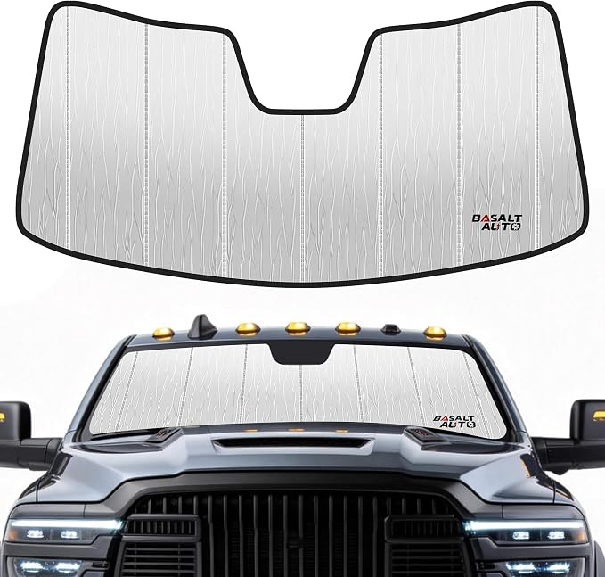 Windshield Sun Shade Compatible for 2019-2025 Ram 2500/3500/4500/5500 10 Inch Silver Reflective Foldable Front Sun Visor Sunshade Protector with Storage Bag Keep Interior Cool by BasaltAuto