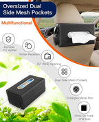 Large Car Tissue Holder PU Leather Organizer with 2 Mesh Pockets | Rectangle Tissue Box Cover for Headrest, Backseat & Armrest, Smooth-Pull Metal Opening Fits 120-160 Count Napkins - Image 7
