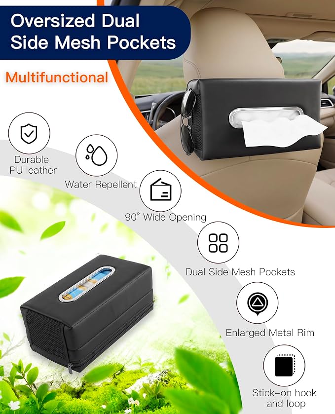 Large Car Tissue Holder PU Leather Organizer with 2 Mesh Pockets | Rectangle Tissue Box Cover for Headrest, Backseat & Armrest, Smooth-Pull Metal Opening Fits 120-160 Count Napkins - Image 7