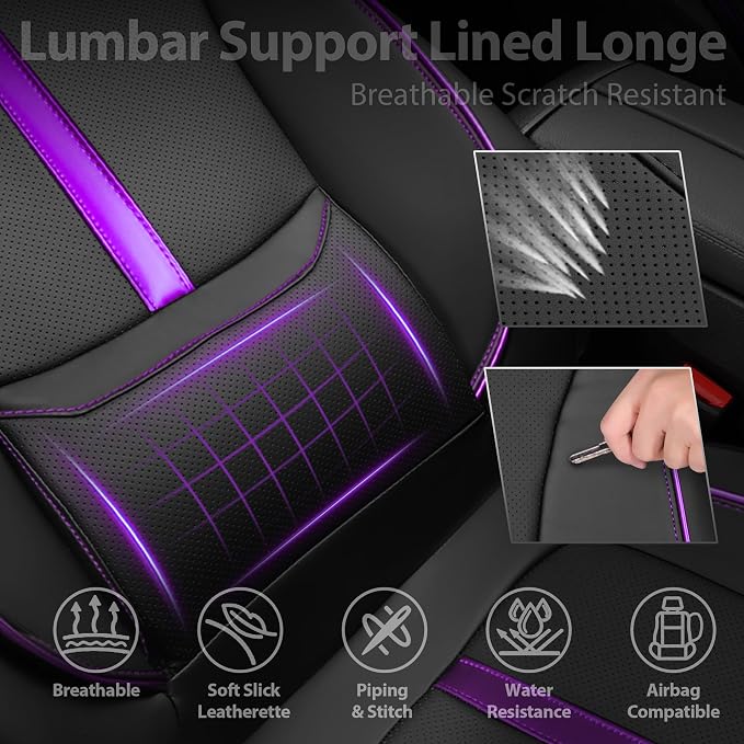 CAR PASS Nappa Leather Car Seat Covers, Water Resistant 3D Foam Faux Leather Seat Covers, Lumbar Support Automotive Seat Covers 2 Front Seats, Comfort & Universal Fit for Cars SUV Truck, Black Purple - Image 5