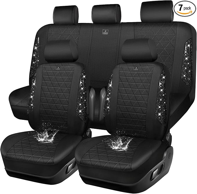 CAR PASS Oxford Bling Diamond Car Seat Covers Full Set Interior Sets, Waterproof Shining Glitter Sparkly Crystal Universal Armrest Fit 95% Automotive Truck SUV Cute Women Girl, All Black Rhinestone by CARPASS