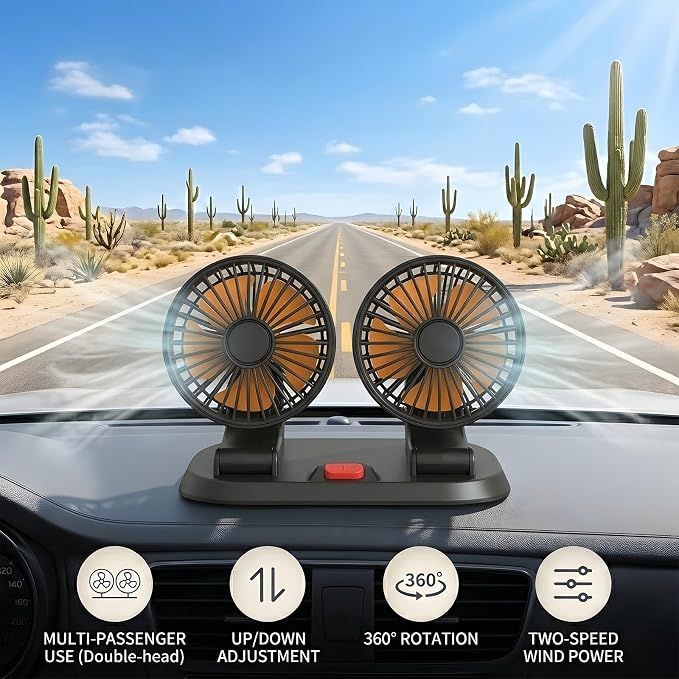 24V Dual Head Car Fan for SUV Truck RV, 2-Speed 360° Rotate | Cigarette Lighter Powered，Dual-head independent 360° rotation，2-speed turbo airflow，24V universal compatibility - Image 5