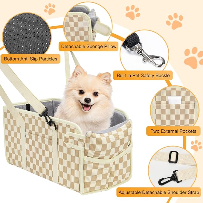 Console Dog Car Seat for Small Dogs, Foldable Booster Seat, Khaki Checkered | Portable Booster Seat Sits On Car Console/ Armrest. Foldable for Easy Storage. for Center Console, Easy To Clean. - Image 3