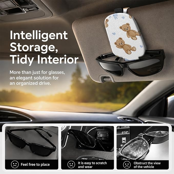 Sunglasses Holder for Car Visor, PU Leather Glasses Clip Organizer, Cute Magnetic Eyeglass Holder for Vehicle Sun Visor, Car Interior Accessory for Women & Men, Bear Bows - Image 2