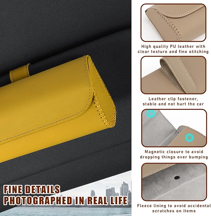 Augeny Sunglasses Holder for Car Sun Visor, Leather Auto Eyeglasses Storage Case with Hidden Magnetic Closure, Protective Glasses Organizer Box, Vehicle Visor Accessories for Woman Man (Yellow) - Image 3