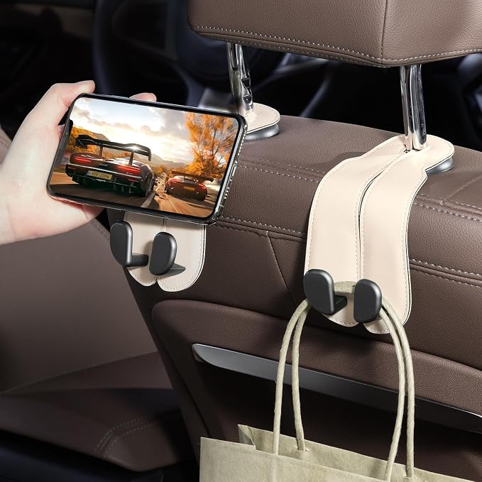 CoBak Purse Hook for Car - Universal Premium Stitched Leather and Aluminum-Magnesium Alloy Double Car Seat Back Storage Hook for Purses, Handbags, Bags (2 Pack),Beige - Image 6