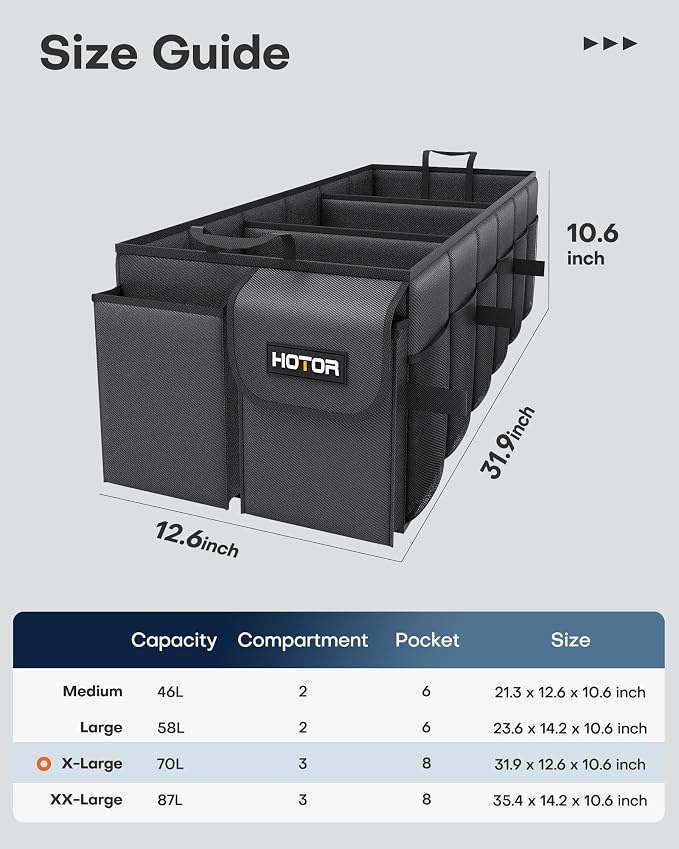 HOTOR Trunk Organizer - Foldable Car Organizer for SUVs & Sedans Storage | Sturdy Car Organization for Men & Women, Car Accessories, Tools, Sundries, Black, 3 Compartments, 31.9" x 12.6" x 10.6" - Image 3