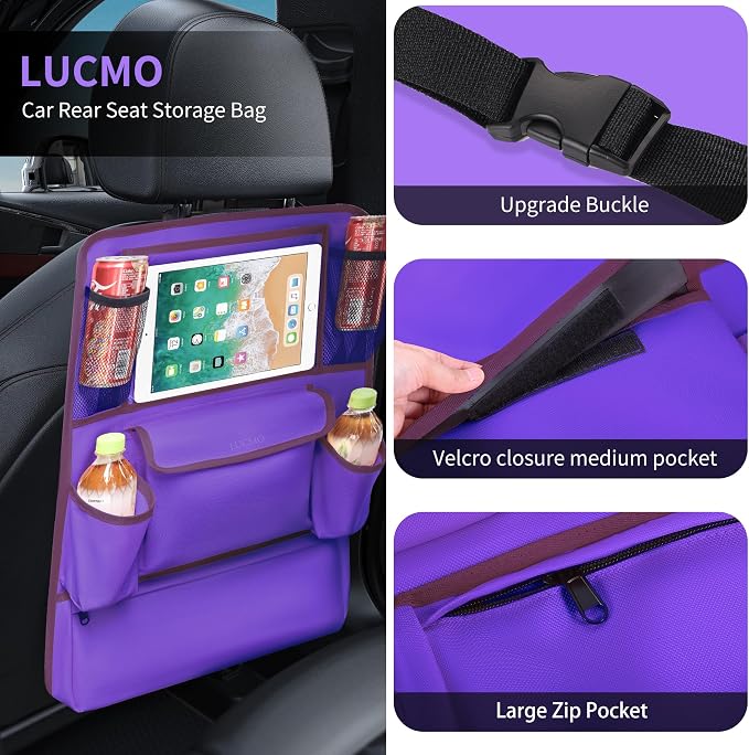 LUCMO Car Backseat Organizer with Touch Screen Tablet Holder, Dark Purple | 9 Storage Pockets,Clear Tablet Holder,Protectors Kick Mats,Travel Accessories,Seat Cover,Road Trip Essentials - Image 2