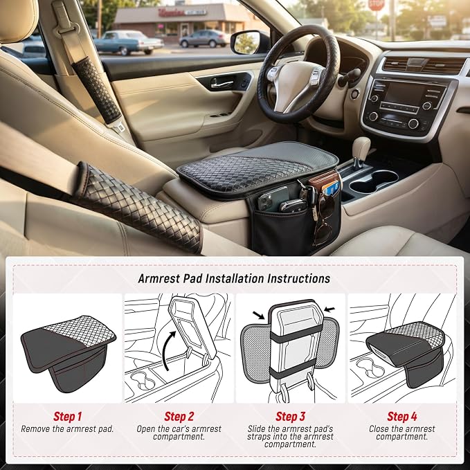4 Pcs Black Leather Steering Wheel Cover Set - Center Console Armrest Pad, Seat Belt Shoulder Pads, Car Interior Accessories | Universal Fit 15 inch , Leather , Square Weave,with Side Storage Pockets - Image 4