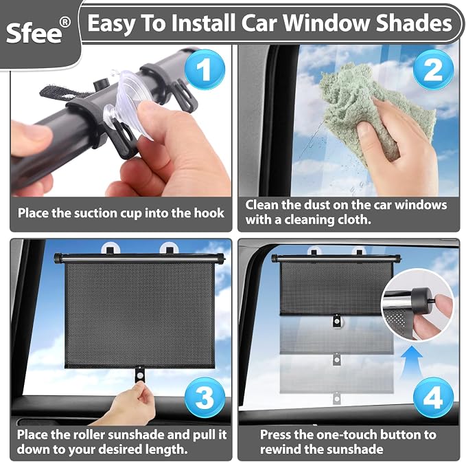 Sfee Car Window Shades for Baby-2 Pack Retractable Side Window Car Sun Shade Blocks UV Rays & Heat for Sun Protection Roller Sunshade Visor Window Shade for Kids,Passengers,Pets (20''x22'') - Image 6