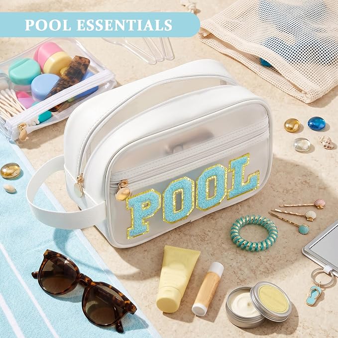 COSHAYSOO Clear POOL Makeup Bag Small Travel Pouch for Women Teenager Girls Pool Accessories Stuff Organizer Preppy Chenille Letter Patch Summer Girly Things - Image 4