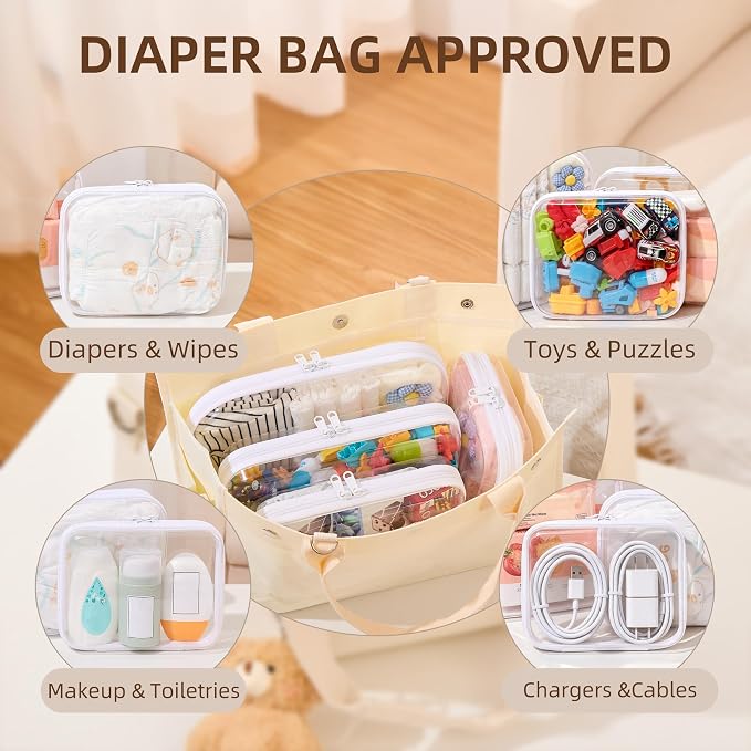 Clear Hard Shell Diaper Bag Organizer Pouches Cosmetic Bags | 1.3mm Crushproof Storage Zipper Case for Daycare, Travel Gear Bags for Snacks, Pacifiers, Wipes, Clothes, Makeup & Toiletries - Image 3