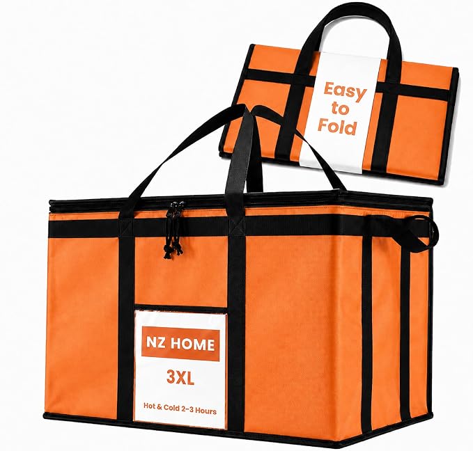 NZ home Insulated Food Bag, Portable Cooler Tote (3XL, Orange, 1 Pack) | Large thermal bag, For cold & hot food, Soft sided cooler, Heavy duty carrier, Grocery shopping, Food delivery, Catering bag by NZhome